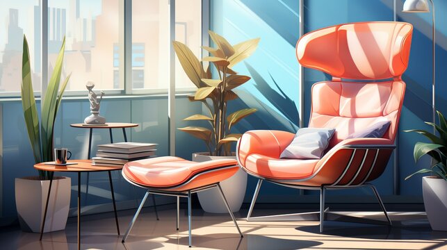 Varied seating options such as bean bags and standing desks, catering to diverse work preferences and postures. Painting Illustration style, Minimal and Simple,
