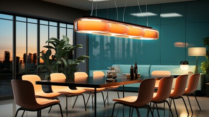 Stylish pendant lighting fixtures illuminating a communal meeting area, facilitating brainstorming sessions and discussions. Painting Illustration style, Minimal and Simple,