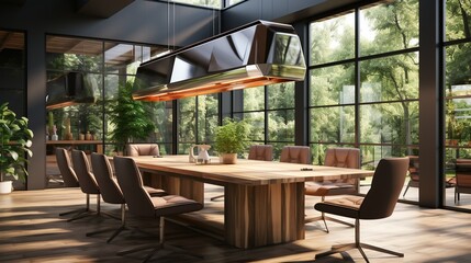 Obraz premium Stylish pendant lighting fixtures illuminating a communal meeting area, facilitating brainstorming sessions and discussions. Painting Illustration style, Minimal and Simple,