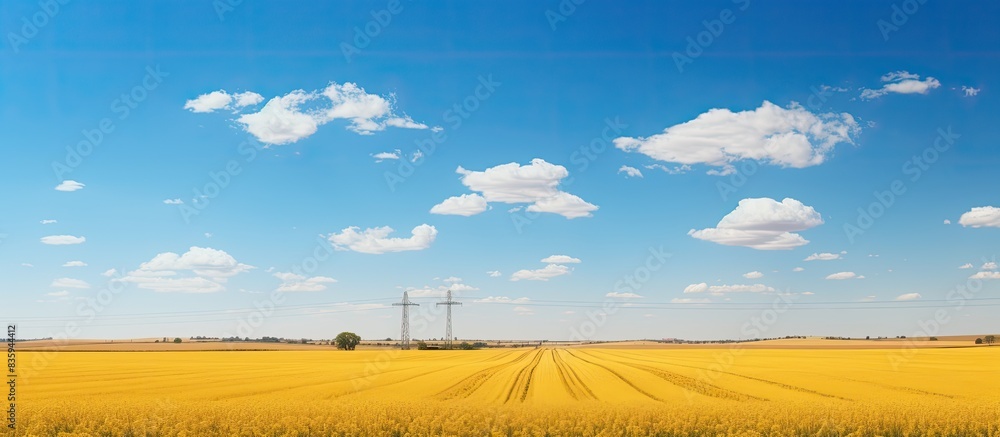 Poster straight lines of an australian crop of yellows and golds with a power pole standing tall in the for