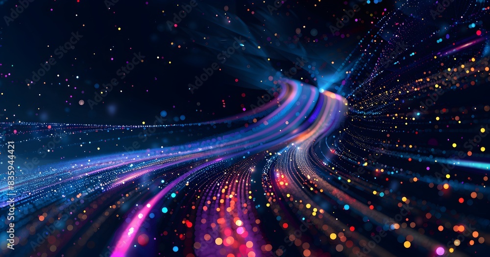 Poster abstract digital background with colorful lines and dots on a dark blue background, data flow techno