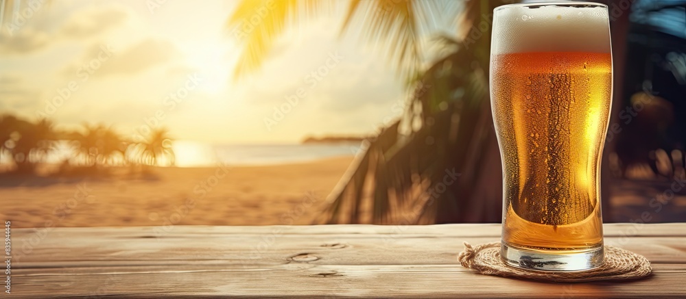 Poster enjoying a mug of beer during summer time. creative banner. copyspace image