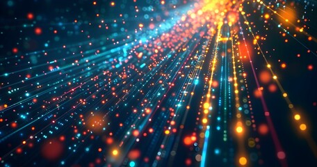 Obraz premium Abstract digital background with colorful lines and dots on a dark blue background, data flow technology concept, big tech, futuristic web design banner vector illustration, AI generated, abstract art