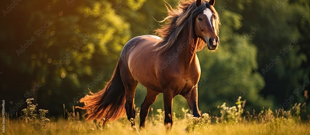 Poster beautiful bay horse with long mane poses in summer. creative banner. copyspace image