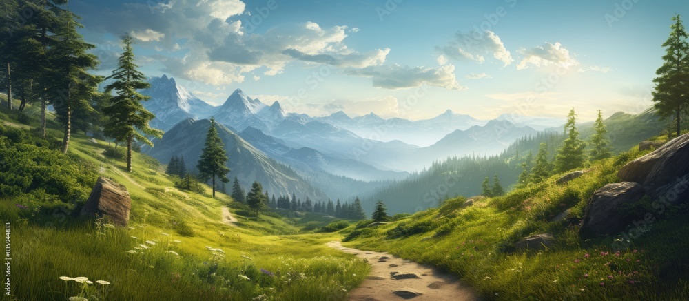 Poster a path on the mountain with strong sun light. creative banner. copyspace image