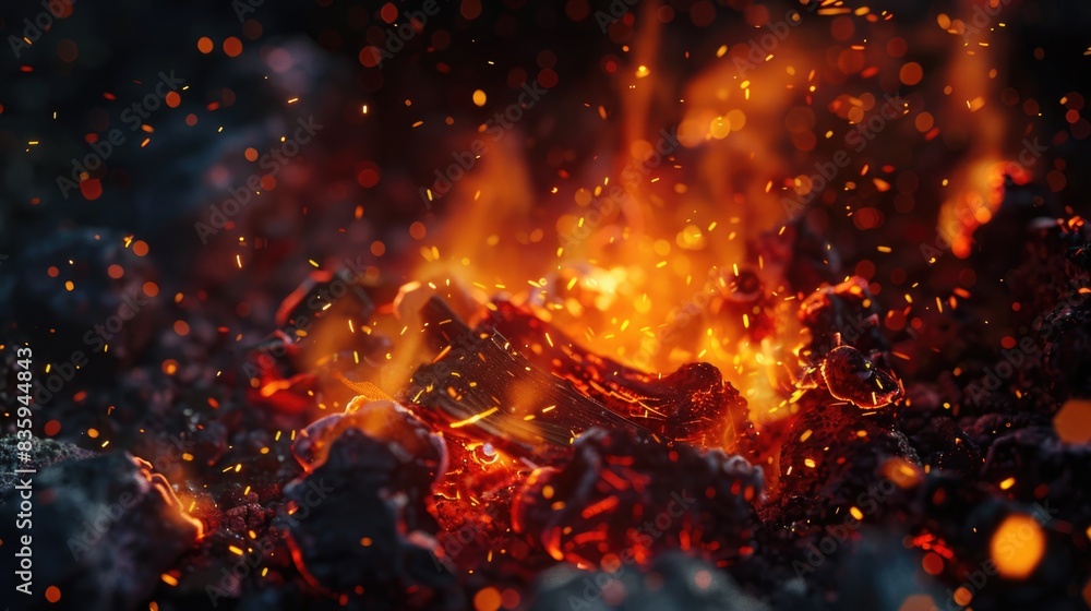 Poster A close-up shot of a fire with many sparks, ideal for use in scenes where flames and sparks are needed