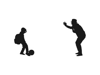Grandparents playing football silhouettes vector. Grandfather, old man playing football with his grandson, teenage boy. Senior man playing football with grandson. isolated on white background.