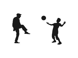 Grandparents playing football silhouettes vector. Grandfather, old man playing football with his grandson, teenage boy. Grandparents spending time with their grandchildren. on white background.