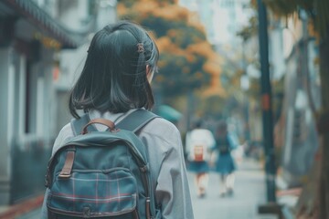 Girls come home happily after school, A girl carrying a backpack