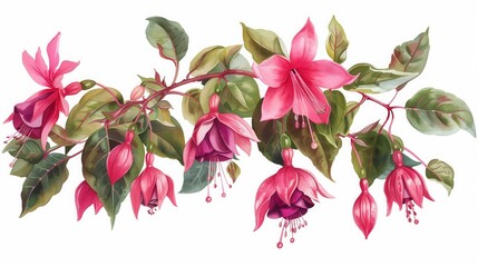 A painting featuring pink fuchsia flowers and green leaves on a white background