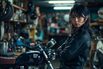 Mid adult female mechanic in her small business motorcycle garage 