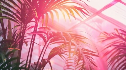 Sunlit tropical greenhouse with pink hues