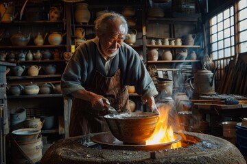 Senior pottery craftsmen stoking the fire in his large kiln in Japan