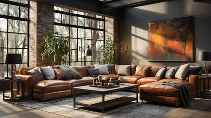 Industrial-inspired decor elements like exposed brick walls and metal accents, infusing the space with urban chic. Painting Illustration style, Minimal and Simple,