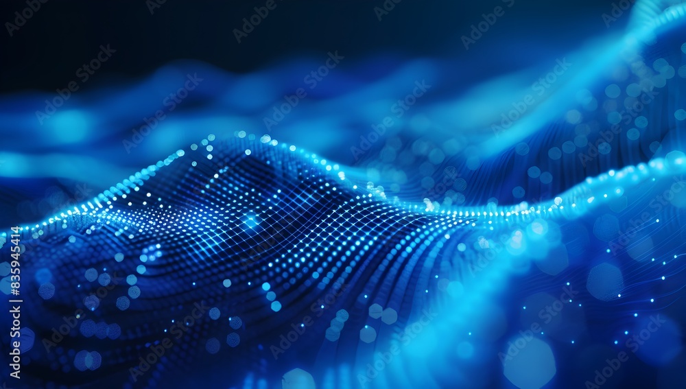 Poster abstract digital background with blue dots and lines forming an abstract wave pattern, symbolizing t