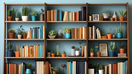 Neatly organized shelves showcasing books and reference materials, encouraging continuous learning and development. Painting Illustration style, Minimal and Simple,
