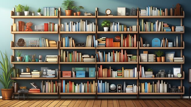 Neatly organized shelves showcasing books and reference materials, encouraging continuous learning and development. Painting Illustration style, Minimal and Simple,