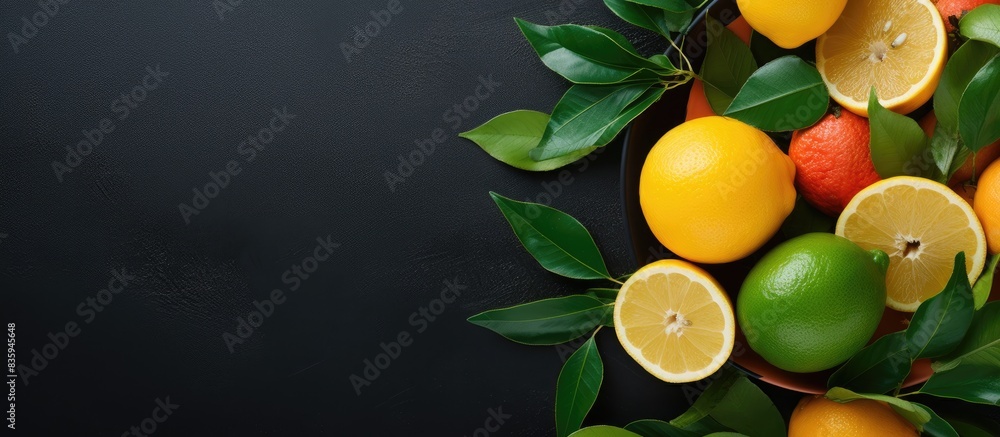 Aufkleber different fresh citrus fruits and leaves in bowl on table top view. creative banner. copyspace image
