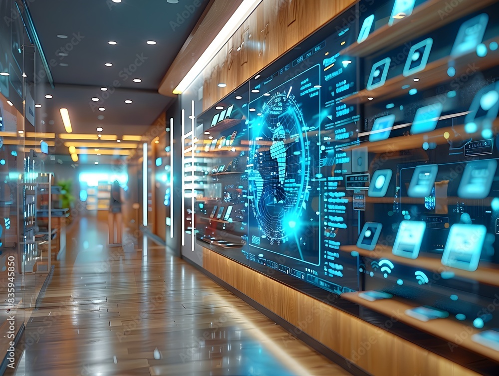 Poster digital devices zone showcasing interactive retail and shopping experience with copy space