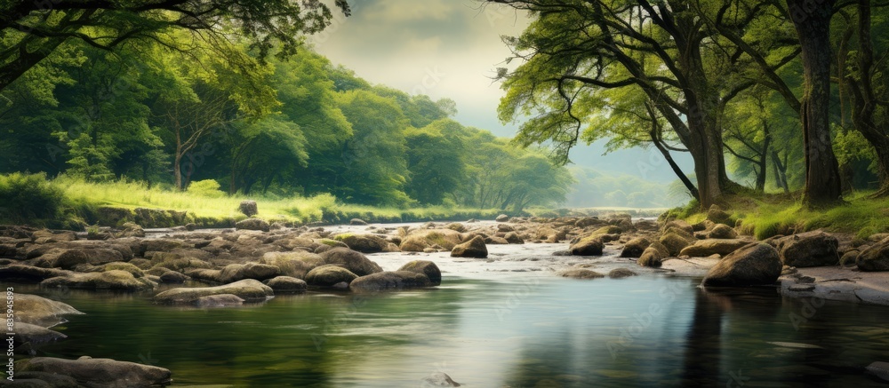 Poster gently flowing stream in the countryside. creative banner. copyspace image