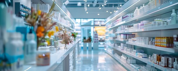 Obraz premium Bright and Clean Modern Pharmacy Showcasing Wellness Products for Retail Experience