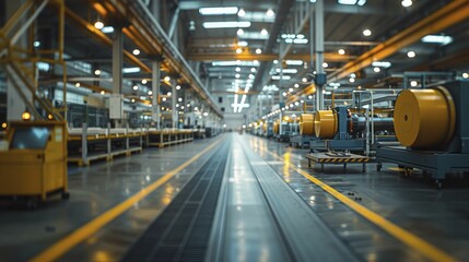 Fototapeta premium Manufacturing processes achieving peak efficiency, a panoramic shot of a modern factory floor, showcasing seamless operations, high-tech style.