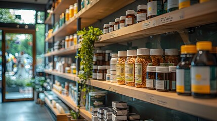 Diverse Selection of Natural Supplements and Organic Health Foods on Wooden Shelves in a Nutrition Shop