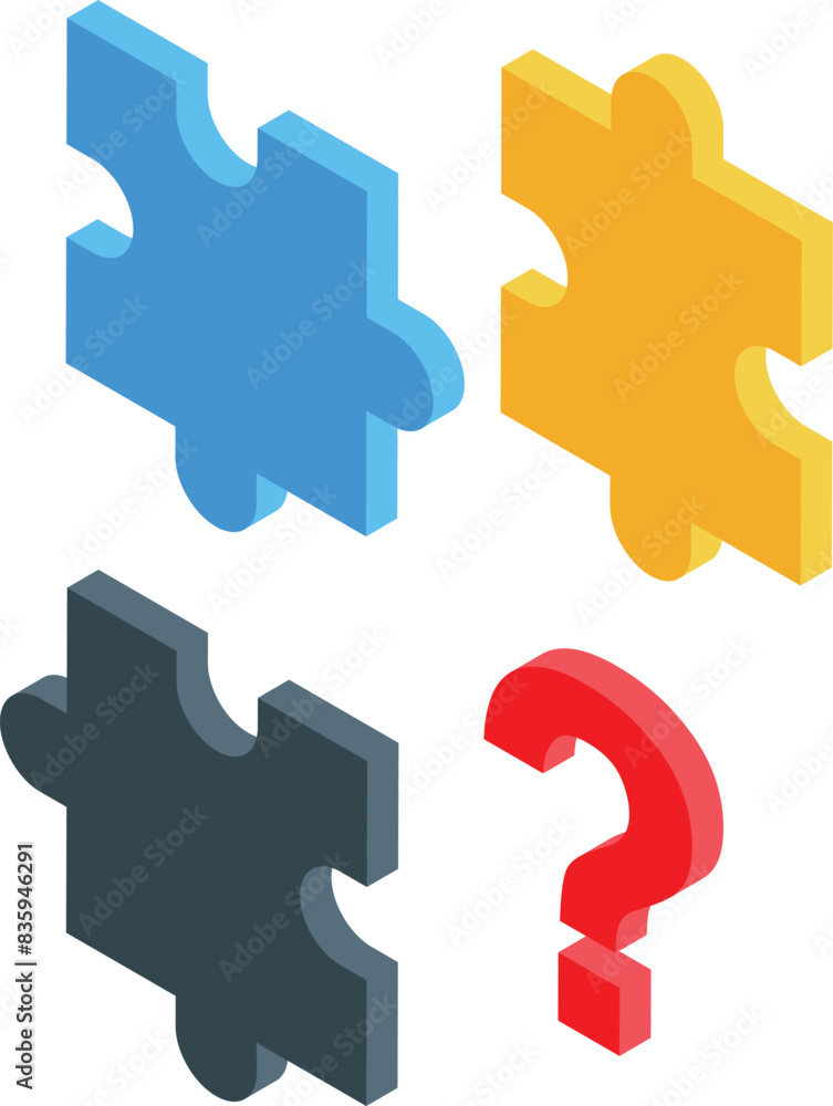 Poster isometric view of 3d puzzle pieces with a floating red question mark symbolizing problemsolving