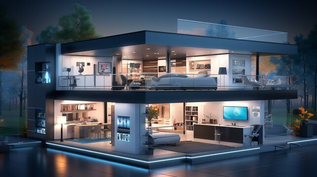 Integrated smart technology for climate control and lighting adjustments, optimizing comfort and energy efficiency. Painting Illustration style, Minimal and Simple,