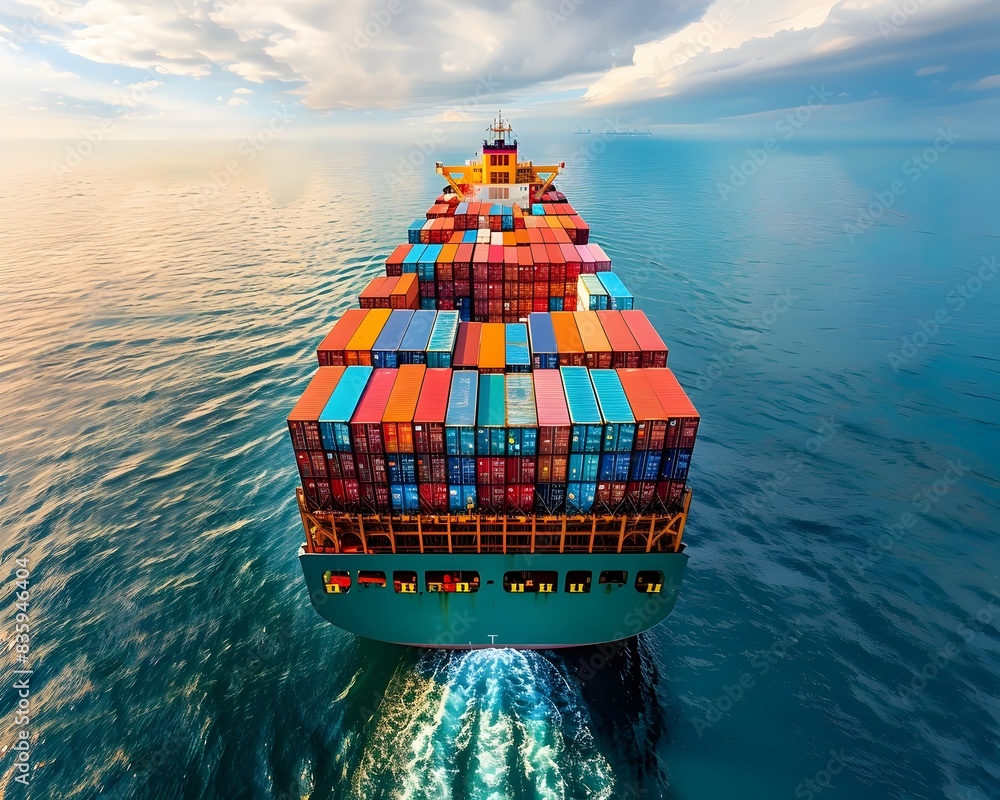 Poster aerial view of cargo ship entering busy port loaded with global containers