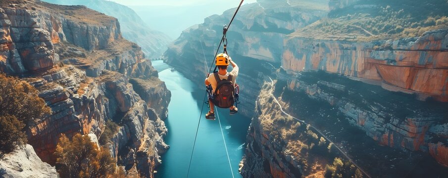 Hiker Soaring Across Dramatic Canyon on Thrilling Zip Line Adventure