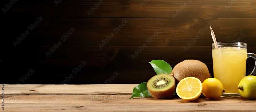 Poster lemon juice kiwi and business style on wooden table. creative banner. copyspace image