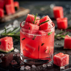 Glass of watermelon juice with a sprig of mint garnish.