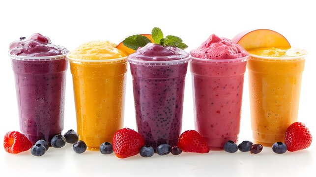 5 fruit smoothies in clear plastic cups against a white background, featuring blueberry, strawberry, and a banana split mix blend.