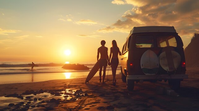 Friends Loading Surfboards into a Vintage Van at Sunset on the Beach
