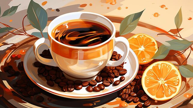 Steaming cup of freshly brewed coffee surrounded by aromatic coffee beans, invoking a sense of warmth and indulgence. Painting Illustration style, Minimal and Simple,