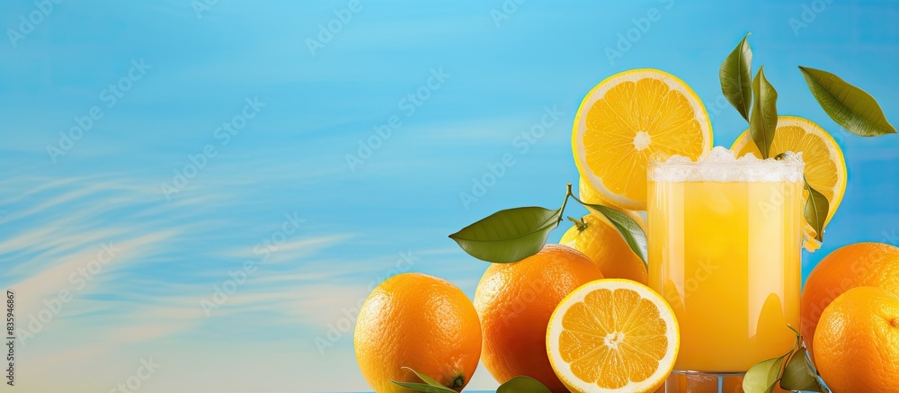 Poster orange juice with a piece of lemon. creative banner. copyspace image