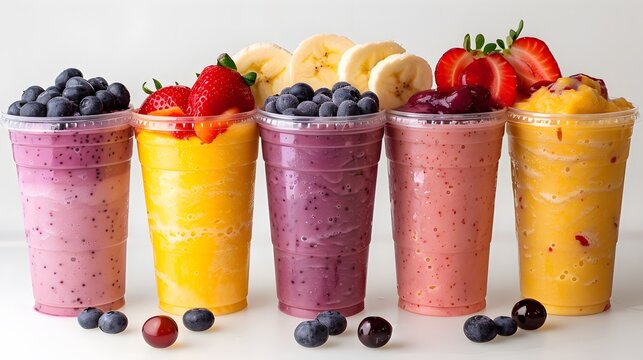5 fruit smoothies in clear plastic cups against a white background, featuring blueberry, strawberry, and a banana split mix blend.