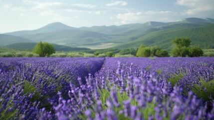 Fototapeta premium Under a clear sky, a field of lavender stretches, its blooms a sea of purple, the fragrant air and stunning landscape embodying natural beauty and tranquility.