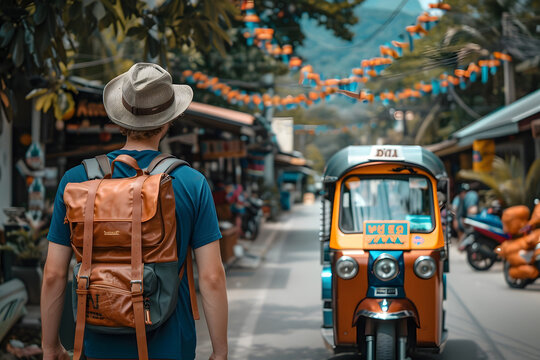 Sustainable transport, Sustainable tourism reduce global warming and save costs, Travel using tuk tuk and walking, American tourist carrying a travel backpack, walking on the road