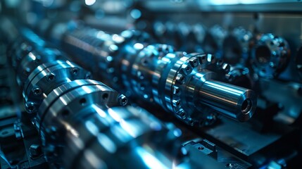 a detailed image of Close-up of precision machinery, metal parts, blue tones, hd,upscale