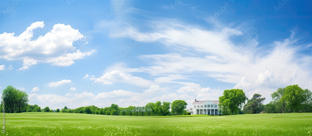Poster architecture white house view from the meadow summer day. creative banner. copyspace image