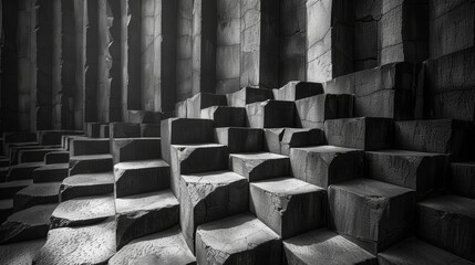 Basalt wall with hexagonal columns, dramatic shadows, monochrome palette, vertical composition,