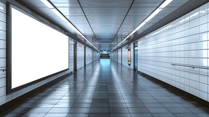 Obraz premium A blank billboard in the subway, with clean white walls and soft lighting. The space is spacious and empty, creating an atmosphere of simplicity and modernity. 