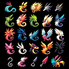 Obraz premium Pixel Art Wind Dragon Feathers Icons for RPG