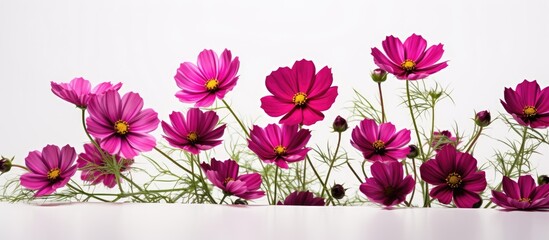 Studio Shot of Red violet Colored Cosmos Flowers Isolated on White Background Large Depth of Field DOF Macro. Creative banner. Copyspace image