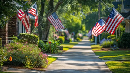 American flags lining a residential street,