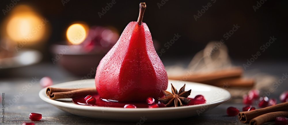 Poster Poached pear in red wine with cinnamon on a light background. Creative banner. Copyspace image