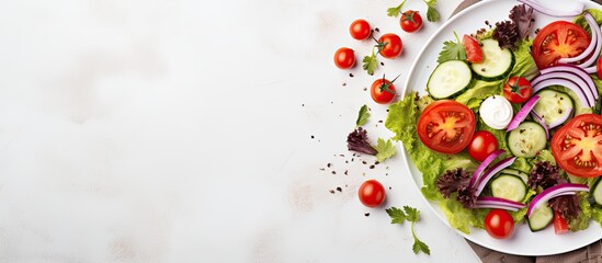 a plate with vegetarian salad of natural organic vegetables. Creative banner. Copyspace image