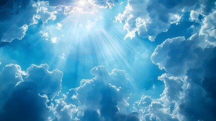 A bright blue sky with white clouds, rays of sunlight shining down from the top left corner and illuminating in an atmosphere full of tranquility and serenity.